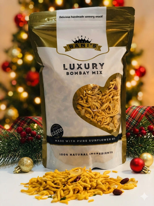Packaged snack mix with decorative Christmas background